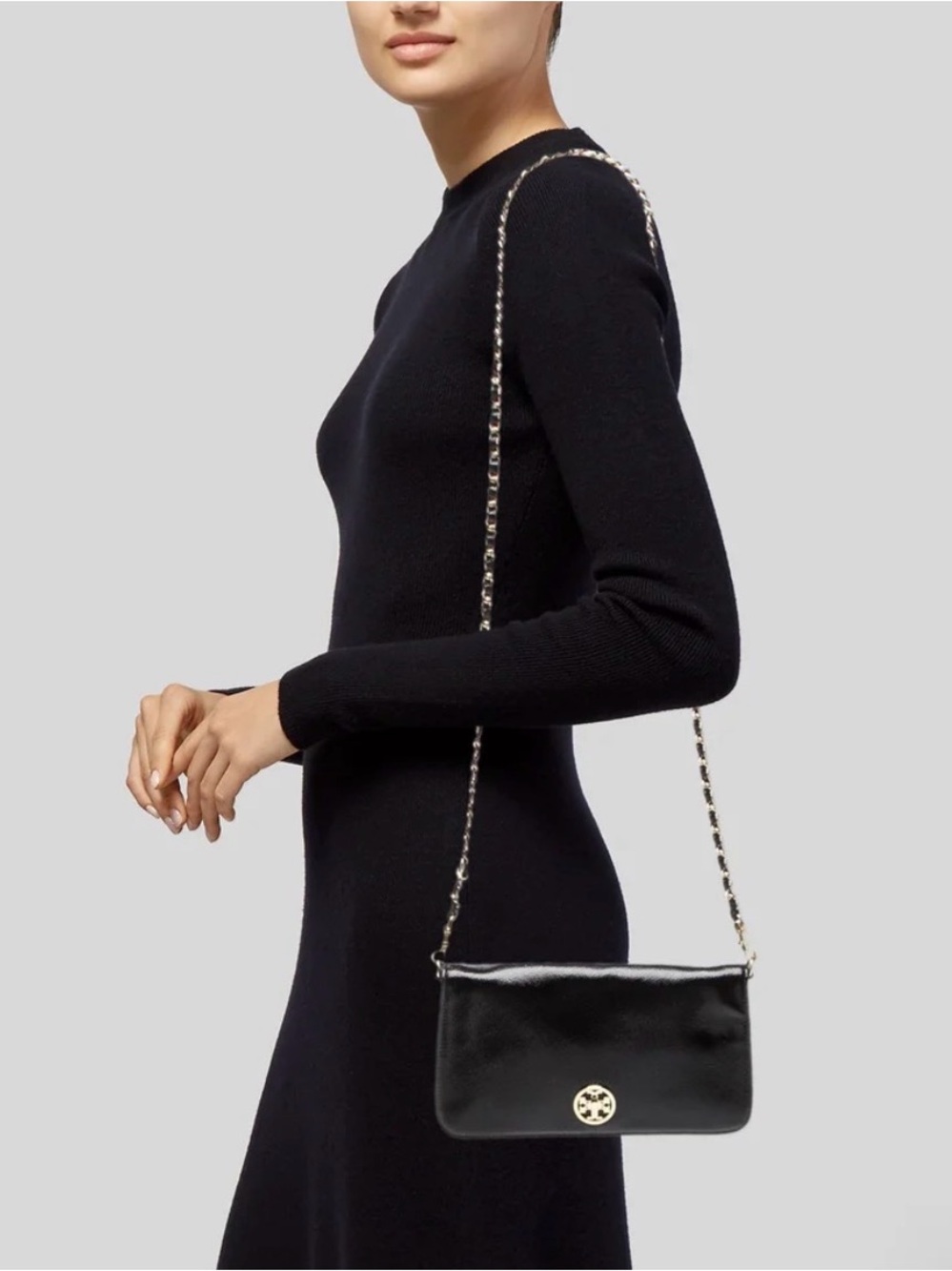 Tory Burch ‘ADALYN’ BLACK CLUTCH/SHOULDER BAG With Gold